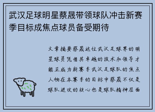 武汉足球明星蔡晟带领球队冲击新赛季目标成焦点球员备受期待