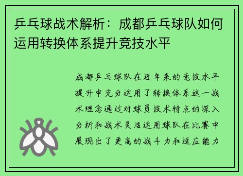 乒乓球战术解析：成都乒乓球队如何运用转换体系提升竞技水平